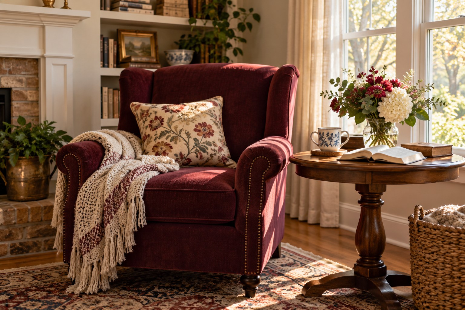 A sunlit reading corner with a burgundy chair, an open book, and a cup of coffee